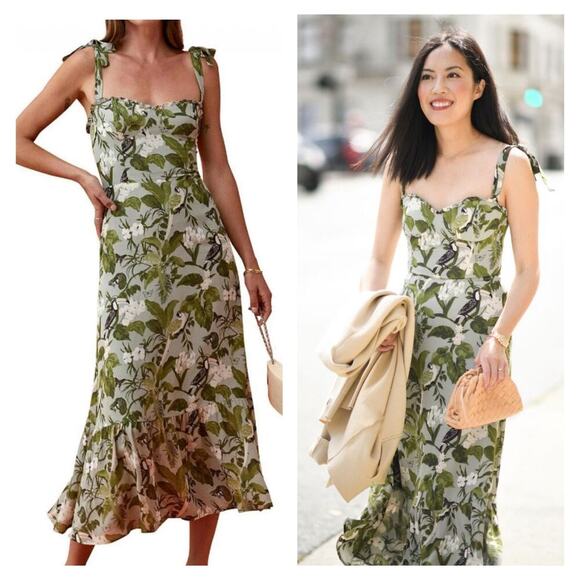 Reformation Nikita Tie Shoulder Dress 0 Tropical Green Midi Bustier Ruffle Hem - Picture 1 of 10